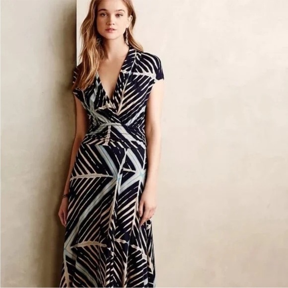 Maeve Anthropologie Desert Star Maxi Cap Sleeve Wrap Navy Geometric Dress Small - Picture 3 of 10